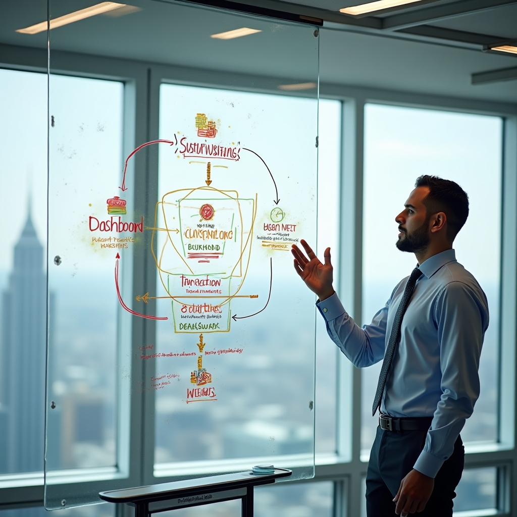 Whiteboard diagram outlining a four-layer marketing dashboard decision framework