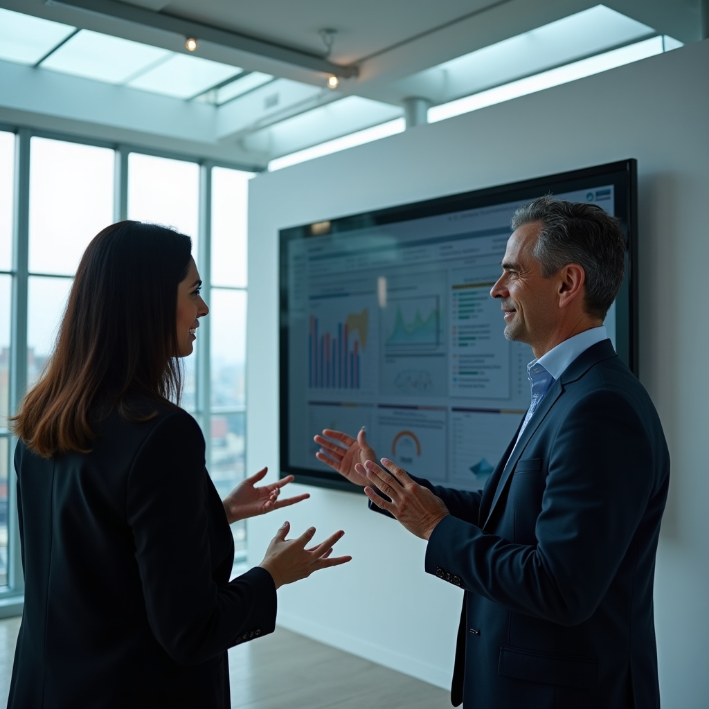 Analytics team reviewing a dashboard reporting system on a large screen in a glass meeting room
